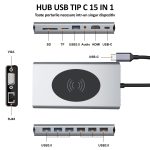 Hub USB-C 15 in 1 multifunctional, NEXTLY, adaptor multiport, incarcare wireless, 1 X HDMI, 1 X VGA, 4 X USB 2.0, 3 X USB 3.0, 1 X RJ45 Gigabit, 1 x USB-C PD100W, 1 X Jack 3.5mm, SD/TF, aluminiu - imagine 2