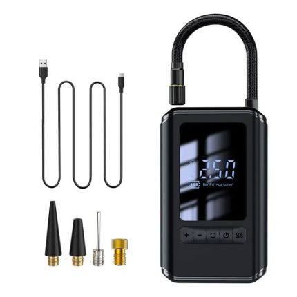 Compresor auto portabil, NEXTLY, cu afisaj digital, 4 moduri, 4 capete pentru umflare, husa depozitare, acumulator 2 x 2000mah, pompa electrica pentru umflat, 10.3 BAR, functie powerbank, incarcare ti