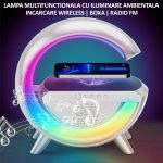 Lampa decorativa multifunctionala cu incarcare wireless 10W, boxa bluetooth, Radio FM NEXTLY, functie preluare/respingere/inchidere apeluri, lumina ambientala multicolora, jocuri de lumini, incarcare - imagine 2