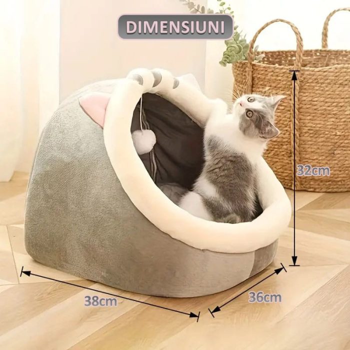 Patut pisici si caini NEXLTY cu minge suspendata pentru joaca, culcus din flanel, moale si pufos, antiderapant, perna detasabila cu 2 fete, 38x36x32 M - imagine 4