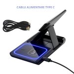 Incarcator wireless 3 in 1 NEXTLY pentru telefon, ceas Apple iWatch, casti wireless, Airpods, incarcare rapida 15W, lumina ambientala LED, pliabil, negru - imagine 3