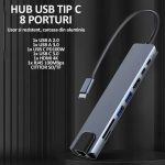 Hub USB Tip C 8 porturi, NEXTLY, adaptor multiport, 1x HDMI, 2x USB A, 2x USB C, 1x RJ45 100MBps, cititor card SD/TF, USB 2.0-3.0 - imagine 3