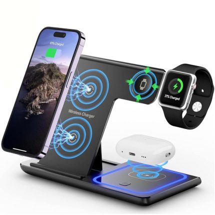 Incarcator wireless 3 in 1 NEXTLY pentru telefon, ceas Apple iWatch, casti wireless, Airpods, incarcare rapida 15W, lumina ambientala LED, pliabil, negru