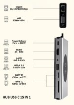 Hub USB-C 15 in 1 multifunctional, NEXTLY, adaptor multiport, incarcare wireless, 1 X HDMI, 1 X VGA, 4 X USB 2.0, 3 X USB 3.0, 1 X RJ45 Gigabit, 1 x USB-C PD100W, 1 X Jack 3.5mm, SD/TF, aluminiu - imagine 9