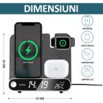 Incarcator wireless 3 in 1, incarcare rapida, NEXTLY, pentru telefon, AirPods, iWatch, afisaj digital, ceas, termometru, alarma, 15W, negru - imagine 3