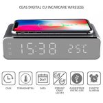 Ceas digital cu alarma si senzor de temperatura, NEXTLY, functie de incarcare wireless pentru telefon, compatibilitate universala, ecran tip oglinda, argintiu - imagine 5