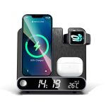 Incarcator wireless 3 in 1, incarcare rapida, NEXTLY, pentru telefon, AirPods, iWatch, afisaj digital, ceas, termometru, alarma, 15W, negru
