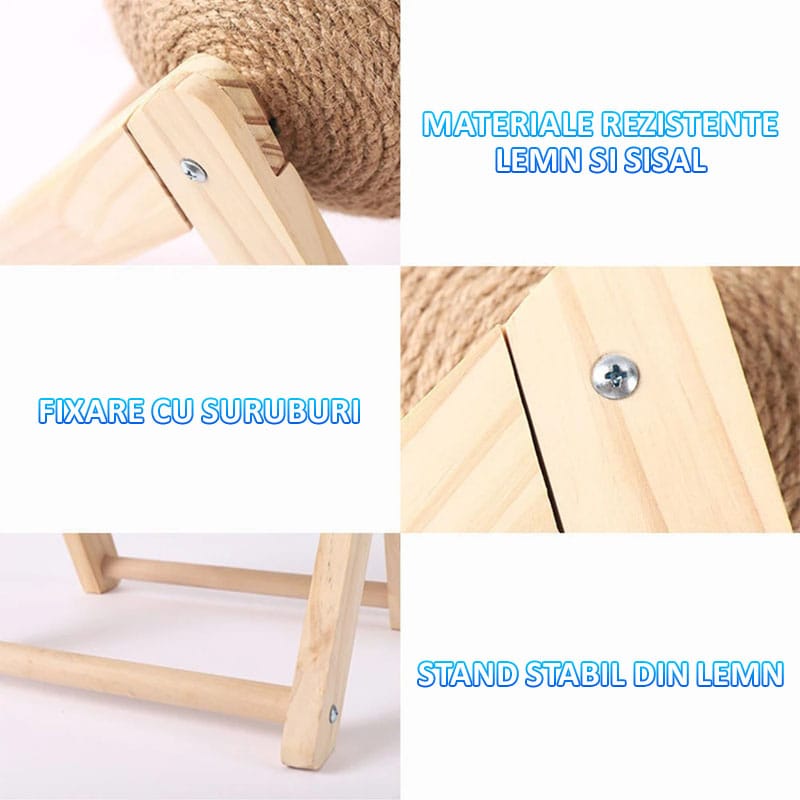 5b88b231b775fc583a6c35be793effe0.jpg Jucarie pisici NEXTLY pentru zgariat, ghem, minge rotativa, invelis din sisal, stativ lemn, rezistenta, 2 moduri de asamblare, 20 cm, maro M3 - imagine 6