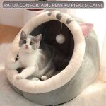Patut pisici si caini NEXLTY cu minge suspendata pentru joaca, culcus din flanel, moale si pufos, antiderapant, perna detasabila cu 2 fete, 30x30x28 S - imagine 2