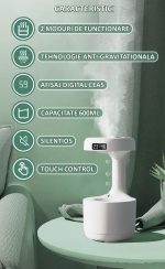 Umidificator de aer anti-gravitational ultrasonic NEXTLY, afisaj ceas digital, 2 moduri de functionare, lumina LED ambientala, silentios, Touch Control, alimentare USB, 600ml, alb - imagine 4