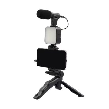 Kit vlogging streaming NEXTLY, ultra portabil, set complet, include microfon, lampa led, suport telefon, trepied, telecomanda bluetooth pentru selife, negru