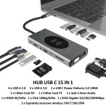 Hub USB-C 15 in 1 multifunctional, NEXTLY, adaptor multiport, incarcare wireless, 1 X HDMI, 1 X VGA, 4 X USB 2.0, 3 X USB 3.0, 1 X RJ45 Gigabit, 1 x USB-C PD100W, 1 X Jack 3.5mm, SD/TF, aluminiu - imagine 3