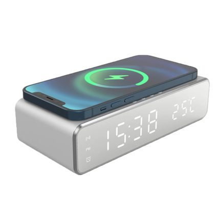 Ceas digital cu alarma si senzor de temperatura, NEXTLY, functie de incarcare wireless pentru telefon, compatibilitate universala, ecran tip oglinda, argintiu