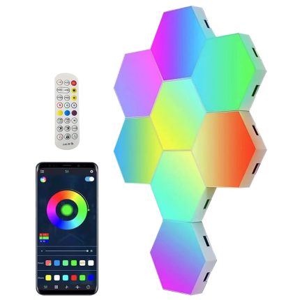 Set 12 lampi RGB hexagonale modulare de perete, NEXTLY, control prin aplicatie, telecomanda, moduri multiple, sincronizare muzicala, microfon, timer, luminozitate ajustabila