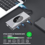 Hub USB-C 15 in 1 multifunctional, NEXTLY, adaptor multiport, incarcare wireless, 1 X HDMI, 1 X VGA, 4 X USB 2.0, 3 X USB 3.0, 1 X RJ45 Gigabit, 1 x USB-C PD100W, 1 X Jack 3.5mm, SD/TF, aluminiu - imagine 4