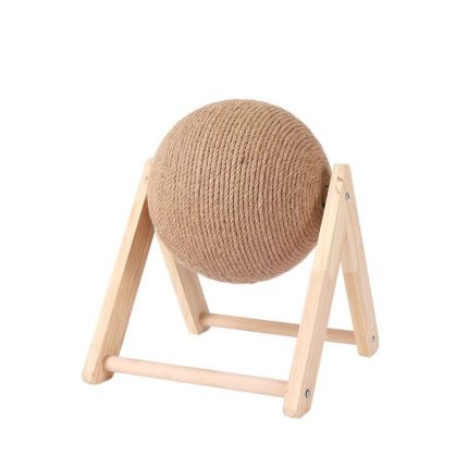 Jucarie pisici NEXTLY pentru zgariat, ghem, minge rotativa, invelis din sisal, stativ lemn, rezistenta, 2 moduri de asamblare, 16 cm, maro M2