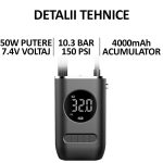 Compresor auto portabil, NEXTLY, pompa electrica pentru umflat roti, cu afisaj digital, 4 moduri, 4 capete pentru umflare, acumulator 2 x 2000mah, 10.3 BAR, functie powerbank, incarcare tip c, lumina - imagine 2