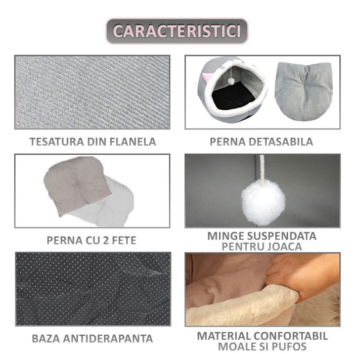 Patut pisici si caini NEXLTY cu minge suspendata pentru joaca, culcus din flanel, moale si pufos, antiderapant, perna detasabila cu 2 fete, 38x36x32 M - imagine 3