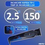 Masina profesionala de tuns, NEXTLY, cu acumulator, 1200mAh, 2 trepte de viteza, afisaj digital, putere 3W, 7000RPM, 4 marimi de tuns, incarcare tip-c, design ergonomic, finisaj lucios, negru-albastru - imagine 5