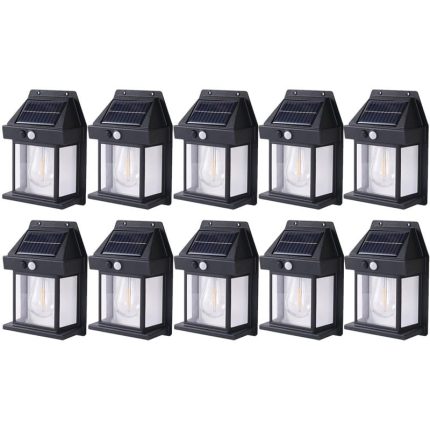 Set 10 x lampa solara de exterior cu bec NEXTLY, 3 moduri de functionare, senzori de miscare si lumina, stare de veghe, lumina calda, waterproof, negru