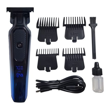 Masina profesionala de tuns, NEXTLY, cu acumulator, 1200mAh, 2 trepte de viteza, afisaj digital, putere 3W, 7000RPM, 4 marimi de tuns, incarcare tip-c, design ergonomic, finisaj lucios, negru-albastru