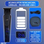 Masina profesionala de tuns, NEXTLY, cu acumulator, 1200mAh, 2 trepte de viteza, afisaj digital, putere 3W, 7000RPM, 4 marimi de tuns, incarcare tip-c, design ergonomic, finisaj lucios, negru-albastru - imagine 4