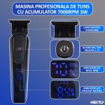 Masina profesionala de tuns, NEXTLY, cu acumulator, 1200mAh, 2 trepte de viteza, afisaj digital, putere 3W, 7000RPM, 4 marimi de tuns, incarcare tip-c, design ergonomic, finisaj lucios, negru-albastru - imagine 2