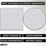 Set 20 x tapet autoadeziv 3D NEXTLY, pentru tavan/perete, design caramida, waterproof, ajustabil, adeziv puternic, usor de montat, suprafata acoperire 10.6MP, 70x77 cm, alb, cod 1 - imagine 2
