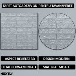 Set 40 x tapet autoadeziv 3D NEXTLY, pentru tavan/perete, design caramida, waterproof, ajustabil, adeziv puternic, usor de montat, suprafata acoperire 21.2MP, 70x77 cm, silver, cod 2 - imagine 2