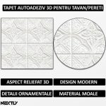 Set 100 x tapet autoadeziv 3D NEXTLY, pentru perete sau tavan, waterproof, ajustabil, adeziv puternic, usor de montat, suprafata acoperire 49 mp, 70x70 cm, design modern, alb, cod 11 - imagine 2