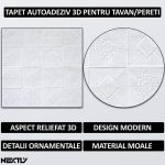 Set 50 x tapet autoadeziv 3D NEXTLY, pentru perete sau tavan, waterproof, ajustabil, adeziv puternic, usor de montat, suprafata acoperire 24.5 mp, 70x70 cm, design modern, alb, cod 15 - imagine 2
