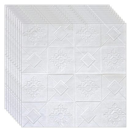 Set 100 x tapet autoadeziv 3D NEXTLY, pentru perete sau tavan, waterproof, ajustabil, adeziv puternic, usor de montat, suprafata acoperire 49 mp, 70x70 cm, design modern, alb, cod 15