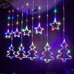 Instalatie de Craciun tip perdea NEXTLY, interconectabila, lumini LED RGB, 8 jocuri de lumini, 3 metri latime, pentru interior/usa/geam/perete, telecomanda pe fir, conectare la priza, stele si brazi,