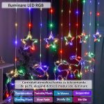 Instalatie de Craciun tip perdea NEXTLY, interconectabila, lumini LED RGB, 8 jocuri de lumini, 3 metri latime, pentru interior/usa/geam/perete, telecomanda pe fir, conectare la priza, stele si reni, m - imagine 3