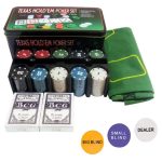 Set poker texas 200 jetoane, NEXTLY, 2 pachete de carti, accesorii incluse, cutie metalica, portabil