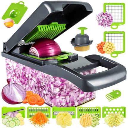 Razatoare multifunctionala pentru legume si fructe NEXTLY, lame interschimbabile pentru feliere, tocare, razuire, macinare, separator de oua, lame din otel inoxidabil, gri