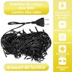 Instalatie de craciun, lumina alba calda, NEXTLY, rola 50m lungime, 8 jocuri de lumini, rezistenta la apa si inghet, interior exterior, pentru brad, casa, pomi, alimentare 220v - imagine 3