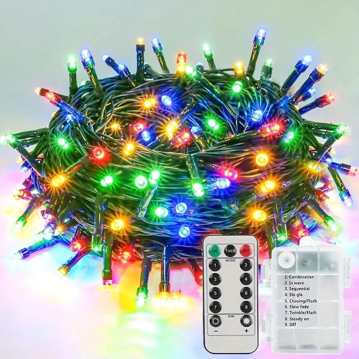 res_b898df9b376601935ae8d148be2e7fd1.jpg Instalatie de craciun LED cu baterii, telecomanda, NEXTLY, pentru interior si exterior, lumina multicolora, 100 leduri, 10m lungime, tip sir, flexibila, 8 jocuri de lumina, rezistenta la apa si inghet - imagine 1