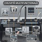 Chiuveta multifunctionala smart pentru bucatarie NEXTLY, robinet flexibil, cascada integrata, robinet tip ploaie, panou de control tactil, afisaj digital LCD, accesorii incluse, kit complet de instalare, otel inoxidabil, 68x45cm, negru grafit - imagine 17