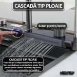 Chiuveta multifunctionala smart pentru bucatarie NEXTLY, robinet flexibil, cascada integrata, robinet tip ploaie, panou de control tactil, afisaj digital LCD, accesorii incluse, kit complet de instalare, otel inoxidabil, 68x45cm, negru grafit - imagine 10
