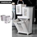 Cos de rufe, jucarii copii si alte obiecte NEXTLY, 3 compartimente, 4 roti detasabile, 2 cosuri cu maner detasabile, aplicabile pe perete, deschidere rabatabila, sistem de aerisire, 28x40x74cm, alb-gri - imagine 13