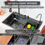 Set chiuveta si baterie multifunctionala Nextly, afisaj digital, baterie tip cascada continua, cap extensibil si retractabil, scurgator pentru cutite, accesorii incluse, kit complet montaj, sistem preaplin, 45x80 cm - imagine 6