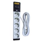 Prelungitor cu 5 prize NEXTLY, intrerupator, suport de agatare, rezistent la temperaturi ridicate, cablu 4.5m, alb-negru