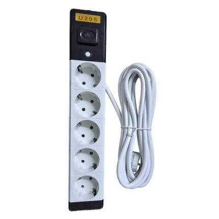 Prelungitor cu 5 prize NEXTLY, intrerupator, suport de agatare, rezistent la temperaturi ridicate, cablu 4.5m, alb-negru
