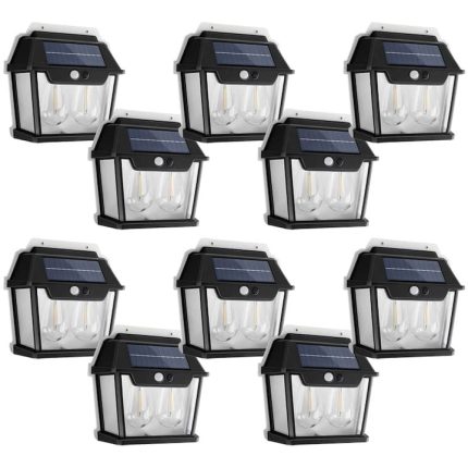 Set 10 x lampa solara de exterior cu 2 becuri NEXTLY, 3 moduri de functionare, senzori de miscare si lumina, stare de veghe, lumina calda, waterproof, 28W, negru/alb