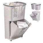 Cos de rufe, jucarii copii si alte obiecte NEXTLY, 3 compartimente, 4 roti detasabile, 2 cosuri cu maner detasabile, aplicabile pe perete, deschidere rabatabila, sistem de aerisire, 28x40x74cm, alb-gri