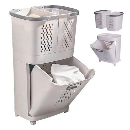 Cos de rufe, jucarii copii si alte obiecte NEXTLY, 3 compartimente, 4 roti detasabile, 2 cosuri cu maner detasabile, aplicabile pe perete, deschidere rabatabila, sistem de aerisire, 28x40x74cm, alb-gri