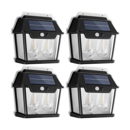Set 4 x lampa solara de exterior cu 2 becuri NEXTLY, 3 moduri de functionare, senzori de miscare si lumina, stare de veghe, lumina calda, waterproof, 28W, negru/alb