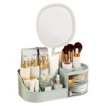 Organizator de cosmetice, bijuterii, accesorii si alte obiecte NEXTLY, oglinda detasabila si reglabila cu touch control, 3 moduri de iluminare, compartimentat, 15.5x28x9.5cm M, verde
