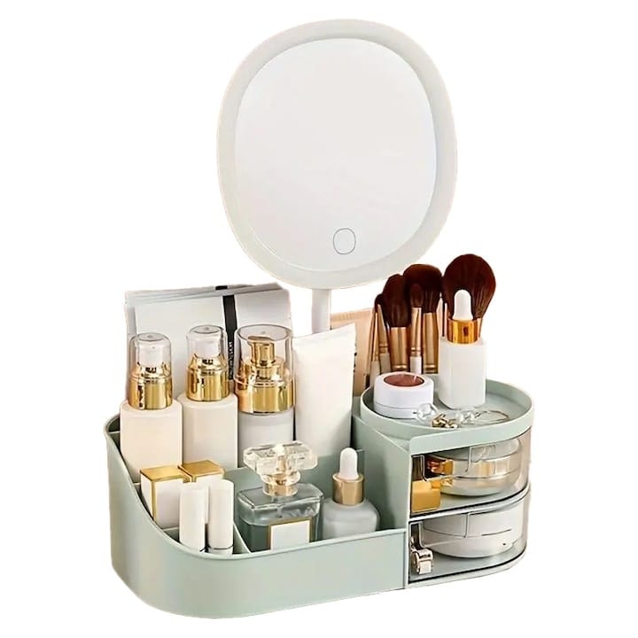 res_2ce07502c42118a3f8df5bed324f8939-1.jpg Organizator de cosmetice, bijuterii, accesorii si alte obiecte NEXTLY, oglinda detasabila si reglabila cu touch control, 3 moduri de iluminare, compartimentat, 15.5x28x9.5cm M, verde - imagine 1